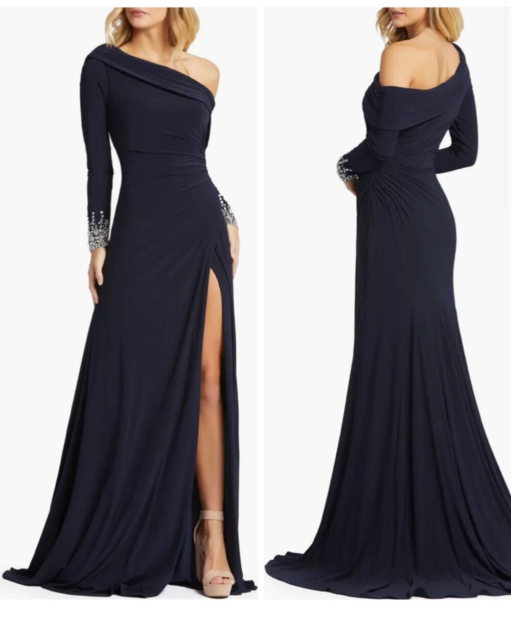 Mac Duggal 12231 Long Sleeve Blue Beaded Cuff Gown 4 Jersey Ruched